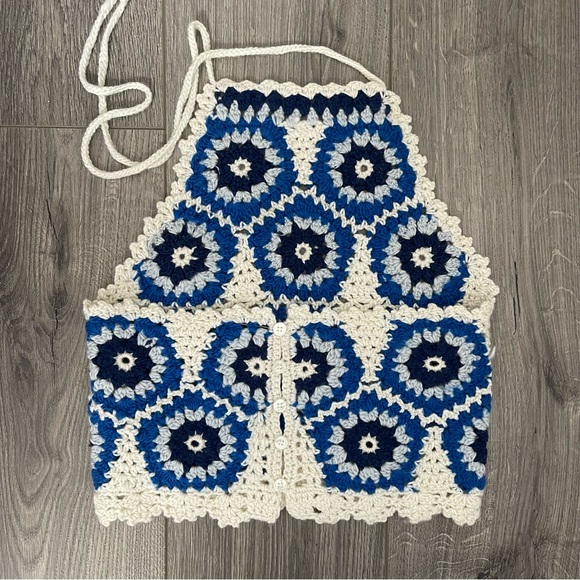 Sea NY Hayden Crochet Halter Top Blue White Size XS - Picture 4 of 5